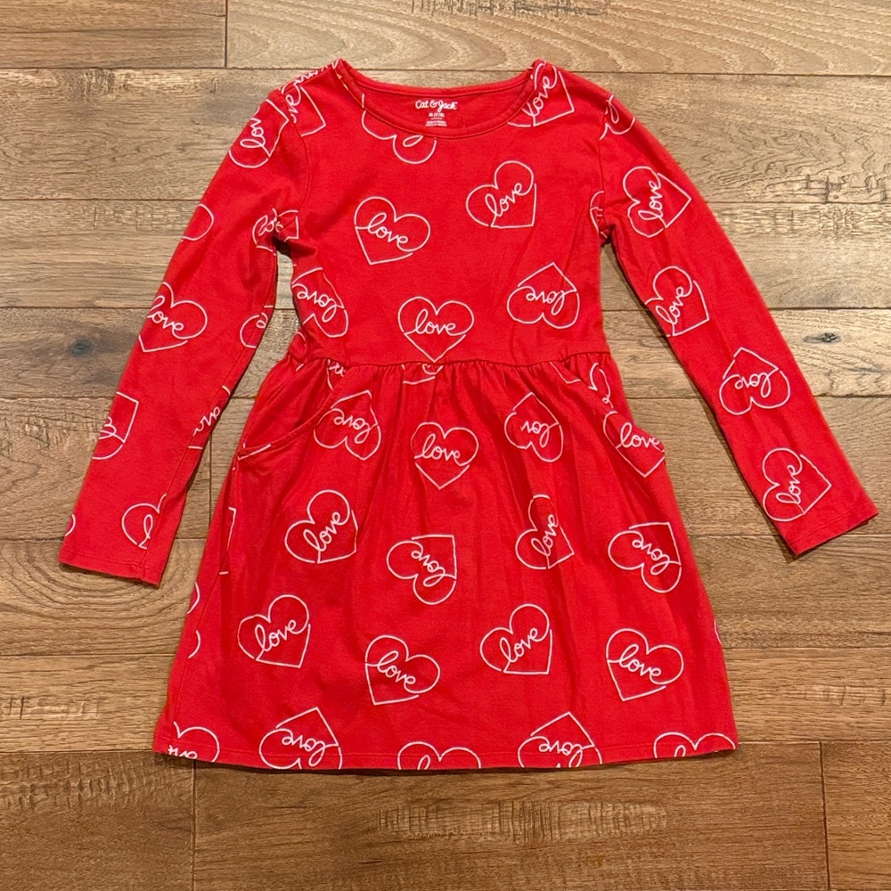 Cat & Jack Girls Long-Sleeve Dress - Red Hearts Love Valentines Day Size M (7/8)